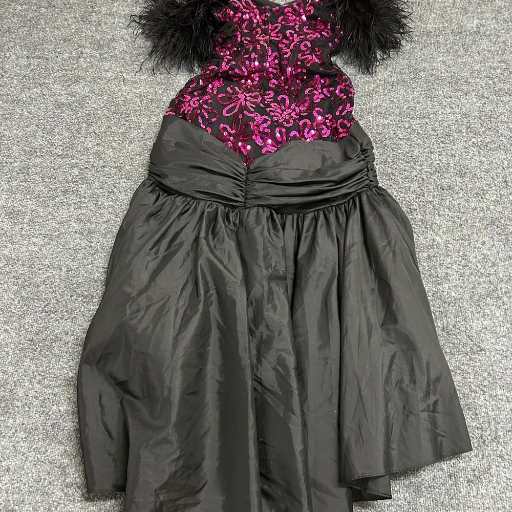 Vintage ILGWU Dress Womens Size M Black Pink Sequin Feather Trim USA Made 80s
